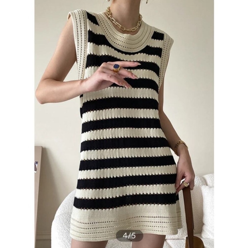 COMMENSE Eyelet Striped Knit Short Dress